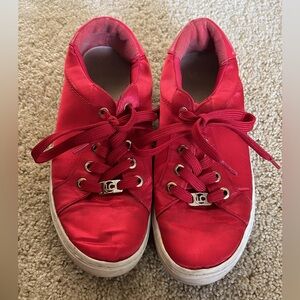 red satin sneakers